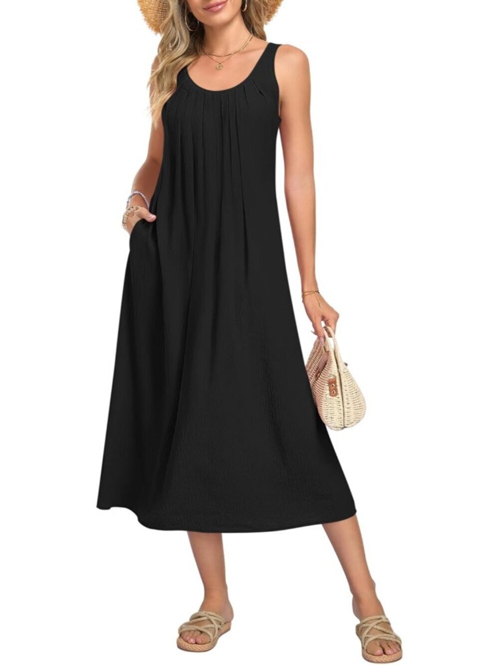 Women's Black Summer Maxi Dress Sleeveless Back Hollow Out Long Beach Dress